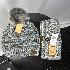 NWT C.C Knit Hat and Headband Set Pom Fleece-Lined Headband Black White Heather